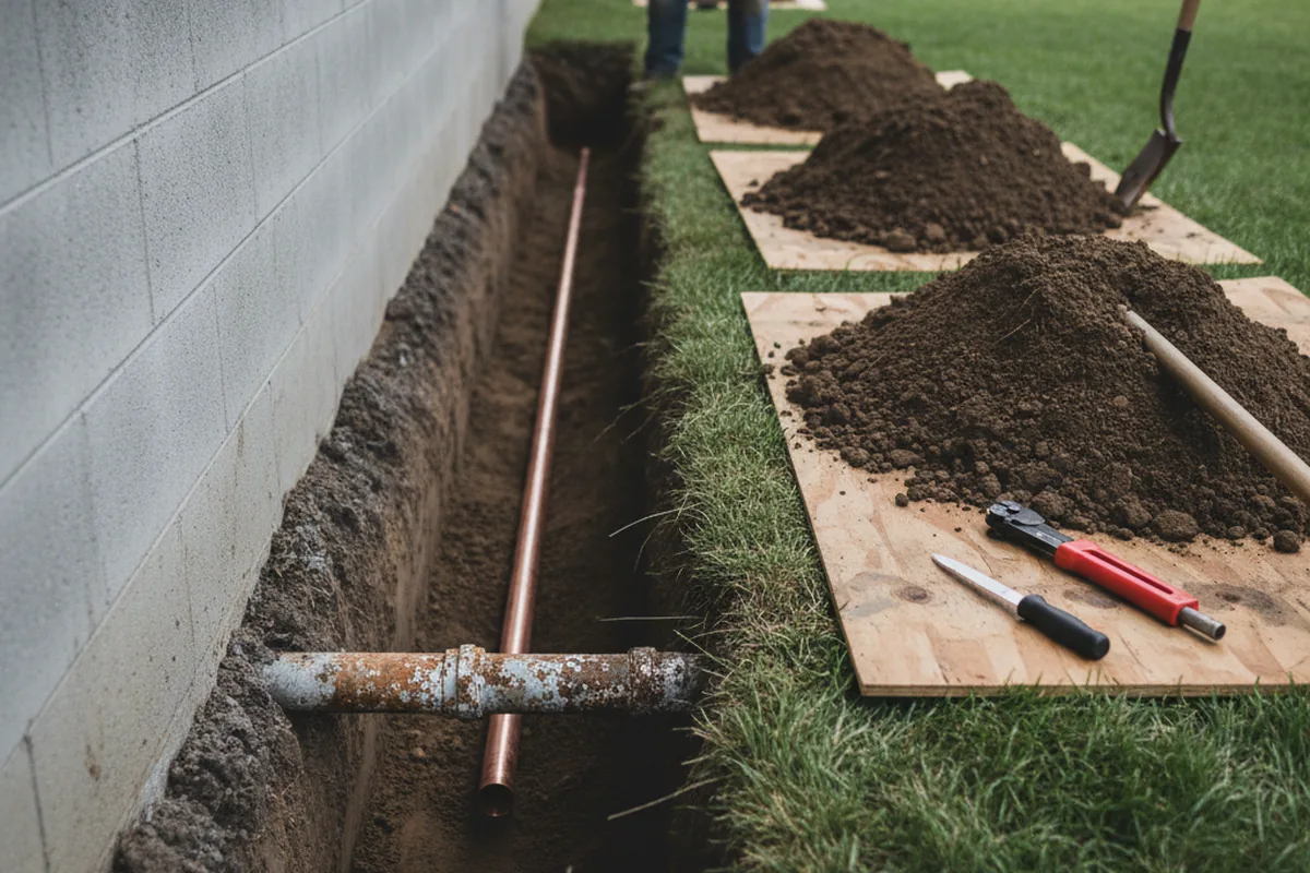 Excavated water line trench during Sewer Line Repair in Barneveld